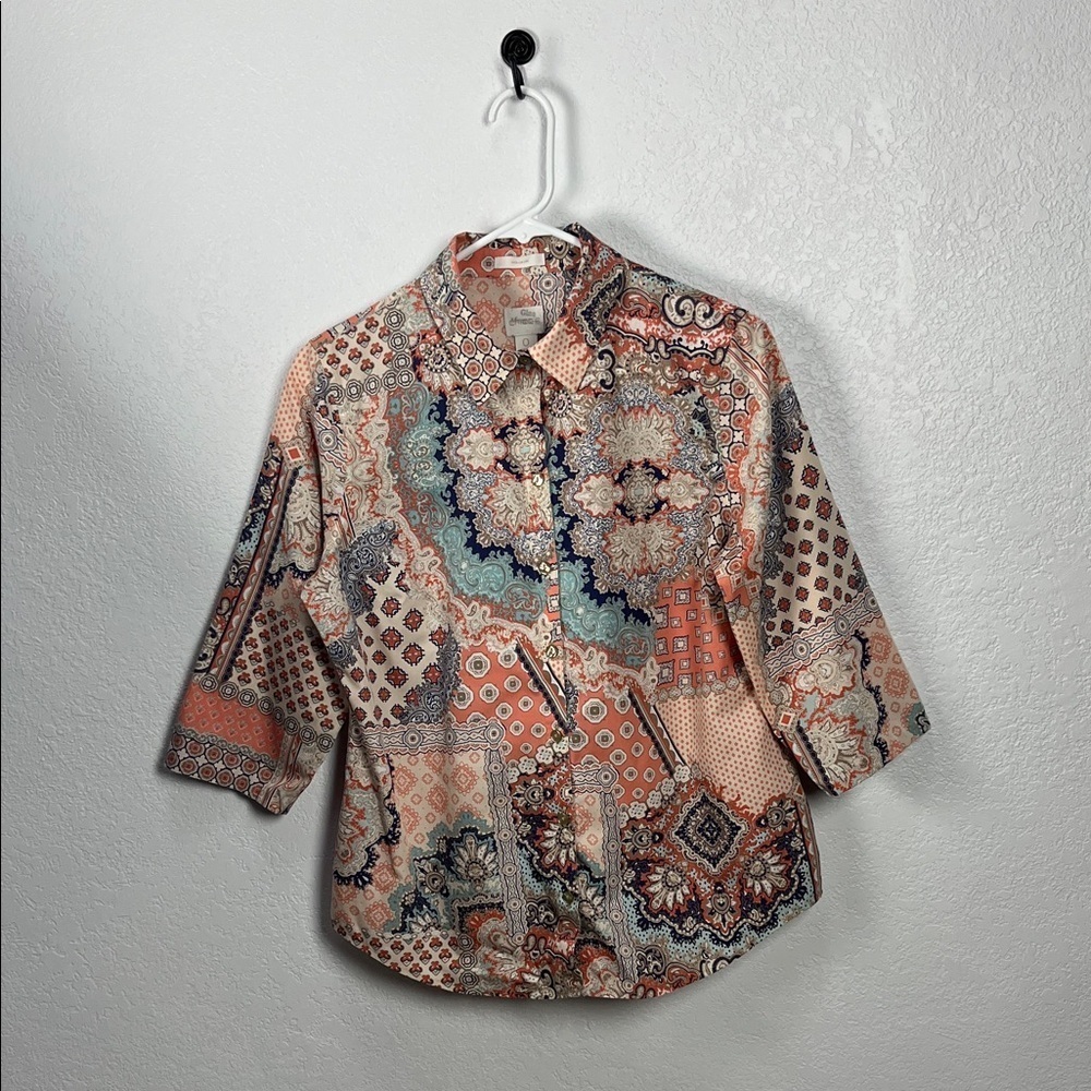 Chicos Blouse Sz S Geo Floral Mix Print NO IRON Peachy 3/4 Sleeve Button Down